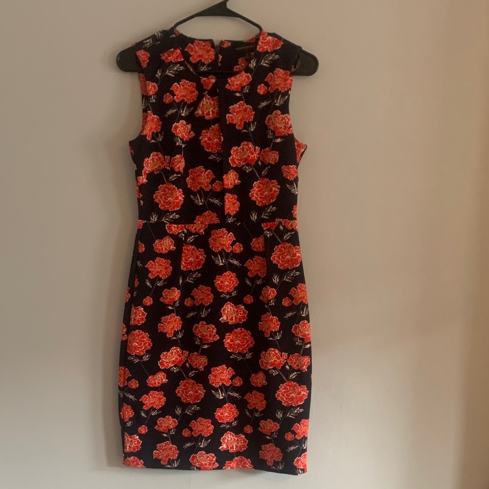 BANANA REPUBLIC Black Midi Dress with Red Floral Print